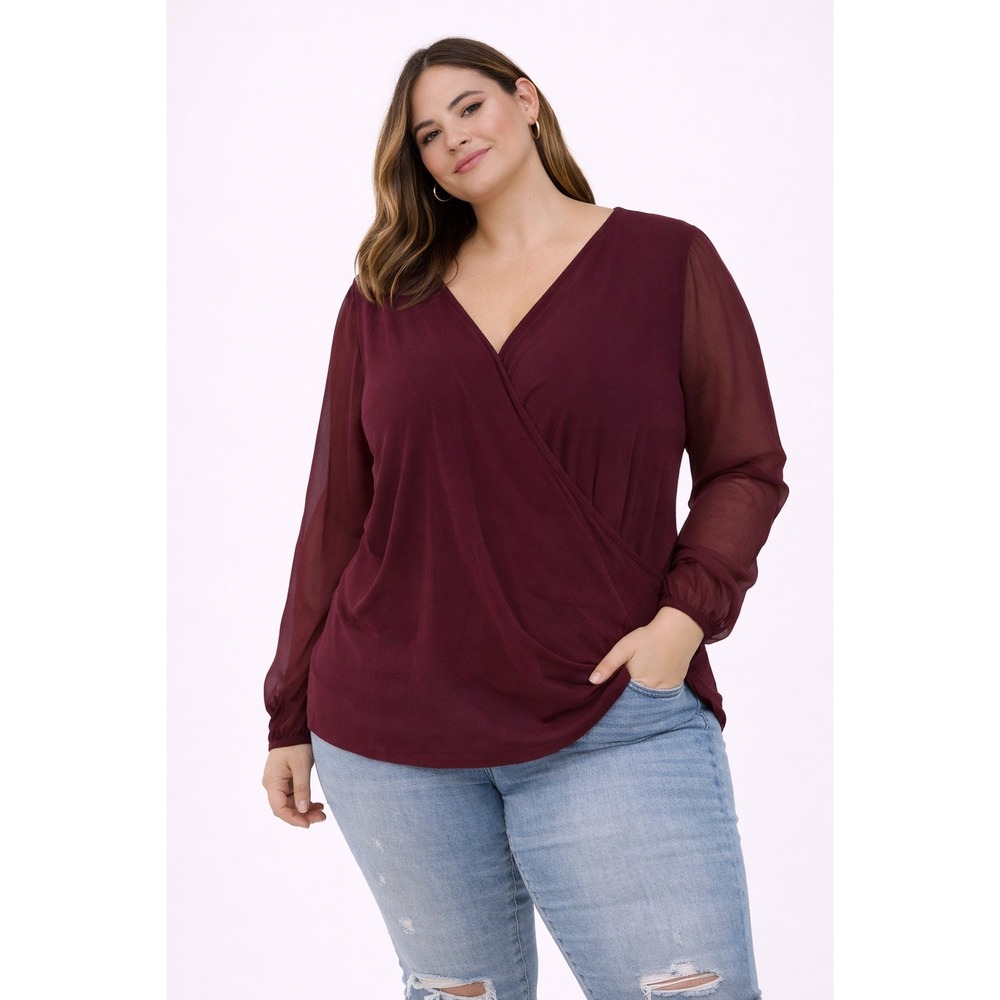 INC Wrap Top Womens Large Burgundy Sheer Sleeve V-Neck Ribbed Knit Blouse